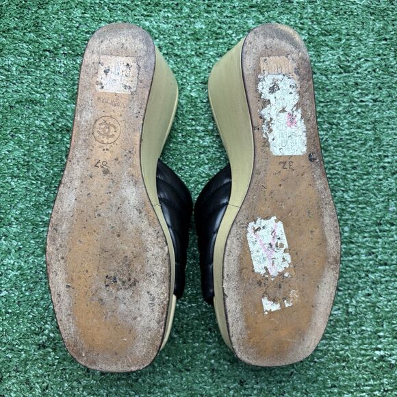 Chanel Wedge Platform Mules White Black SZ 37 US 6.5 Authentic Sandal Heels - Picture 8 of 10